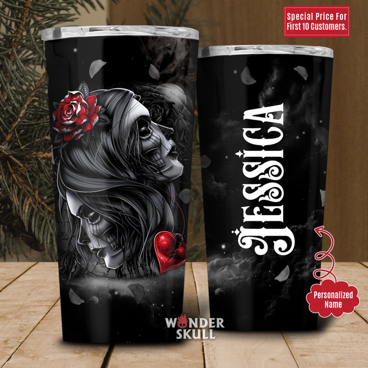 Personalized Skull Gothic Skull Girl Heart And Roses Tumbler 20oz - 1