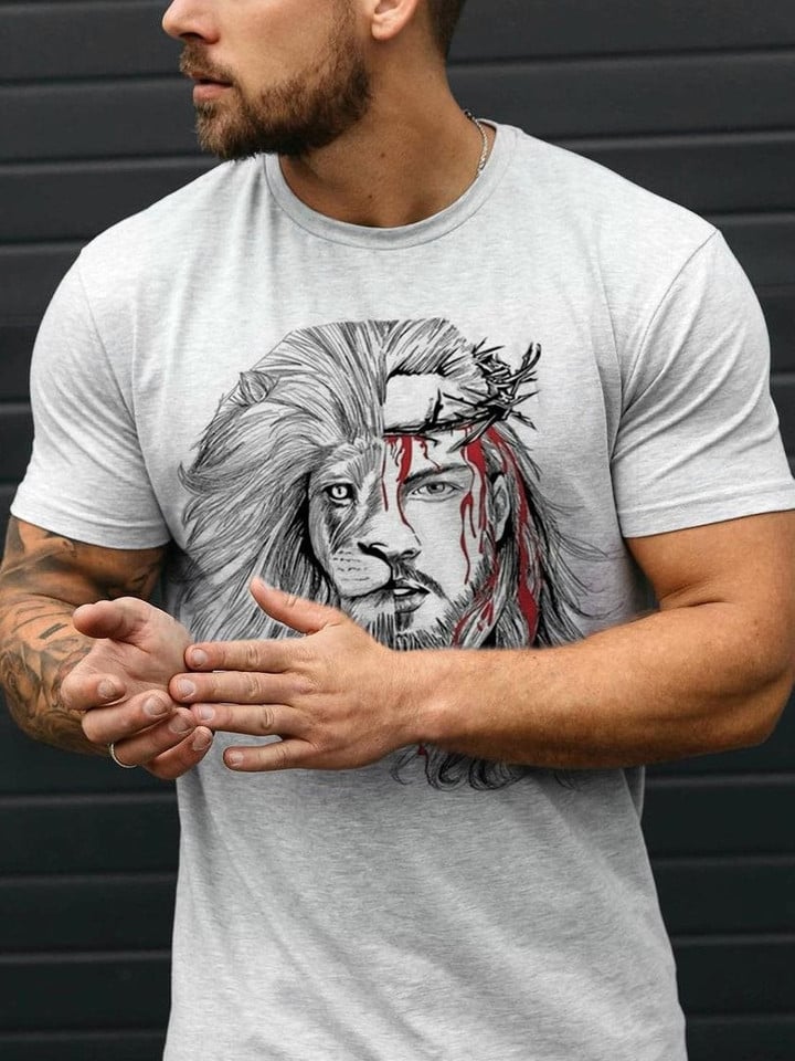 Mens round neck wounded lion print T-shirt - 1