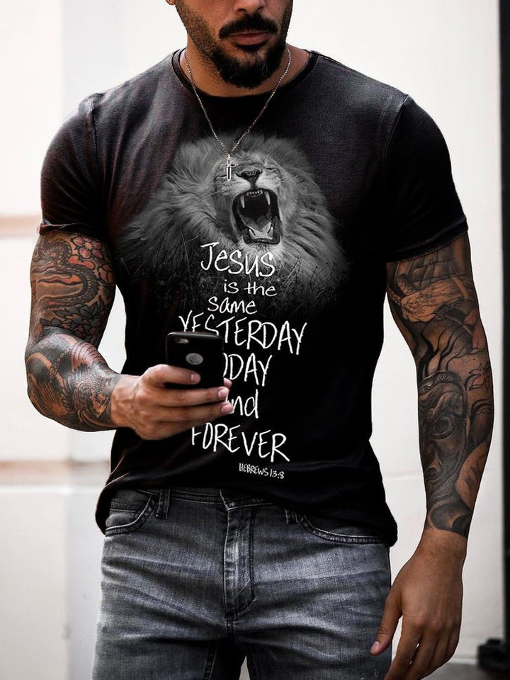 Mens Lion Christian Jesus Forever Printed T-Shirt - 1