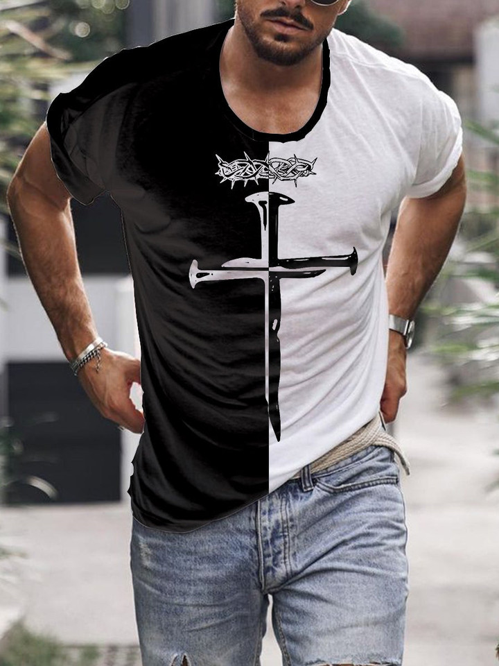 Mens Jesus Christ Cross Nail Crown Printed Trendy T-shirt - 1