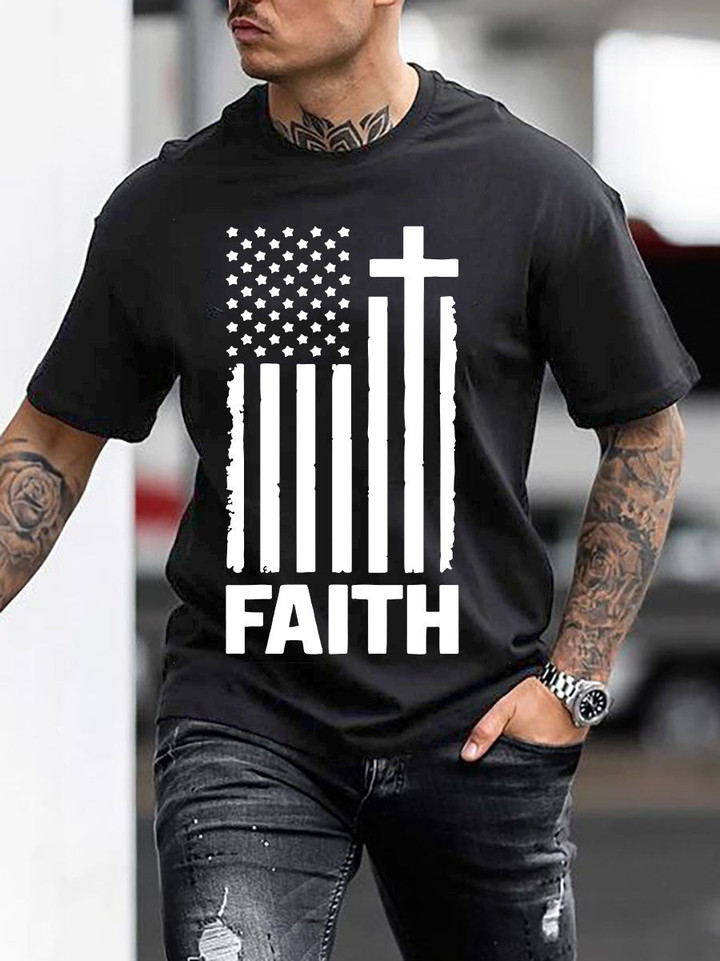 Mens Christian Flag Faith Letters Printed Short Sleeve T-Shirt - 1