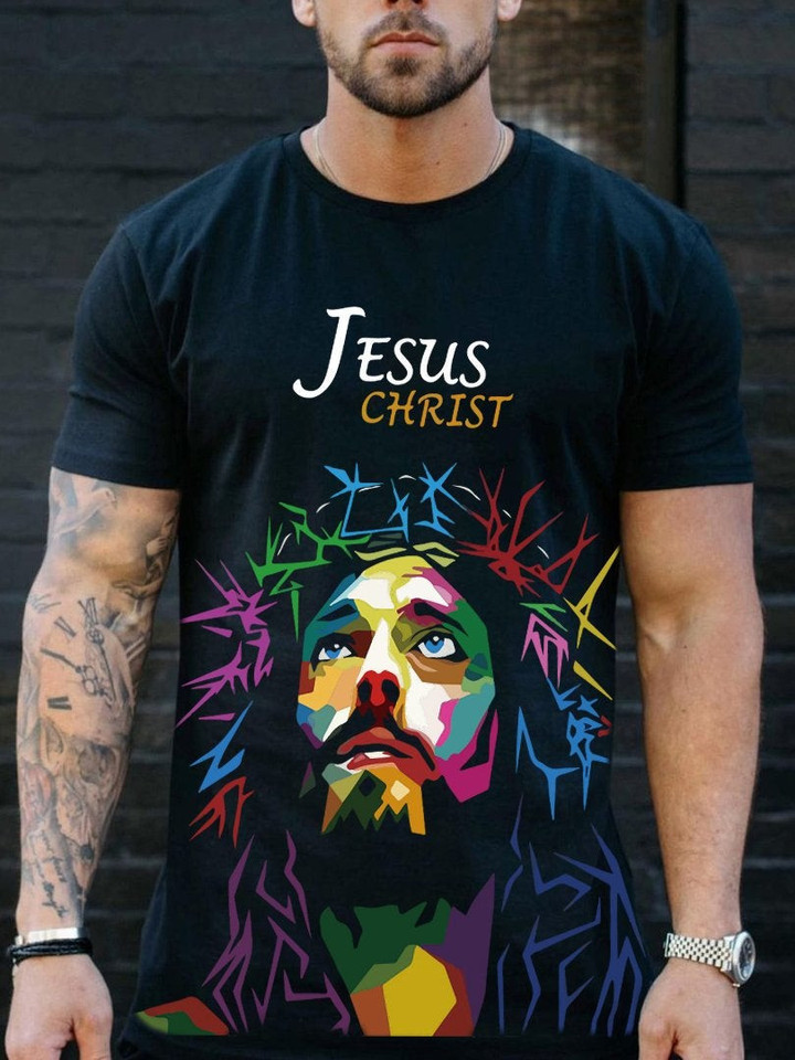 Mens Jesus print crew neck T-shirt - 1