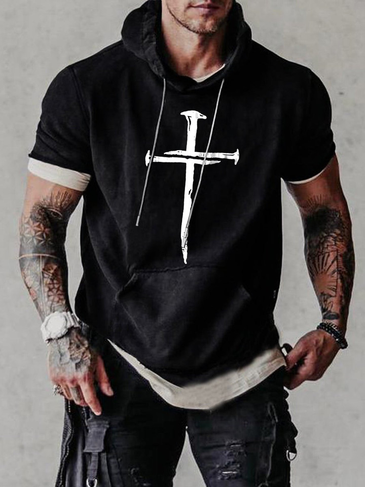 Mens Trendy Religon Nail Cross God Short Sleeve Hoodie T-shirt - 1