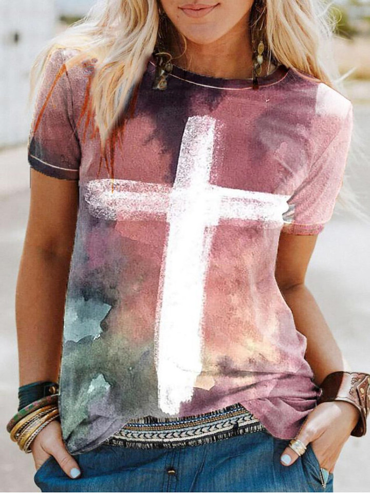Womens Retro Trendy Christian Cross Print Short Sleeve T-shirt - 1