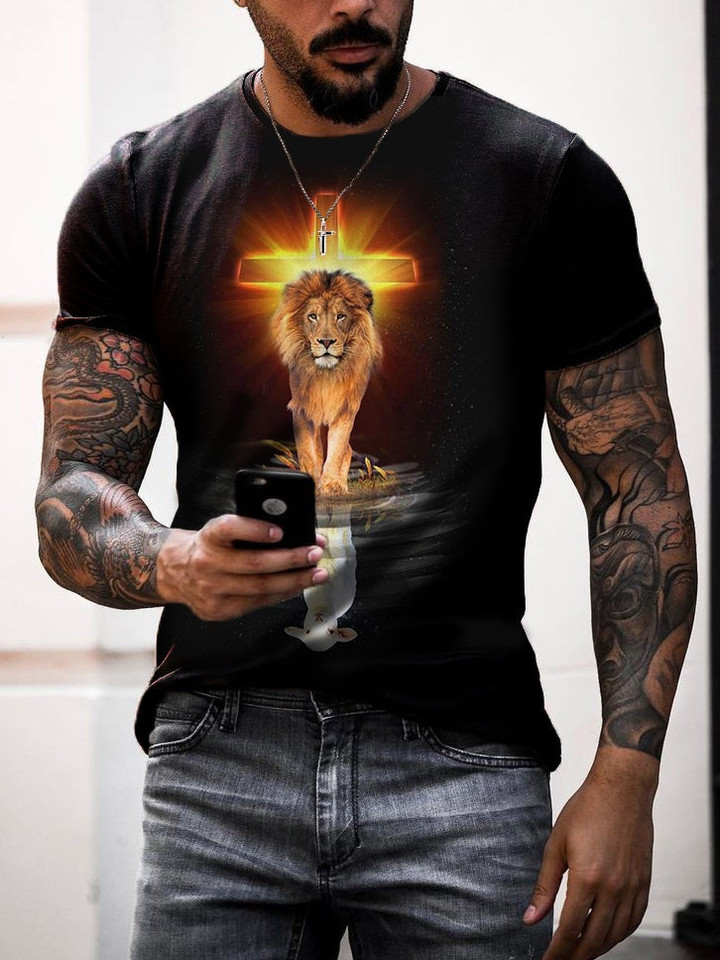 Mens Lion Christian Creative Printed T-Shirt - 1