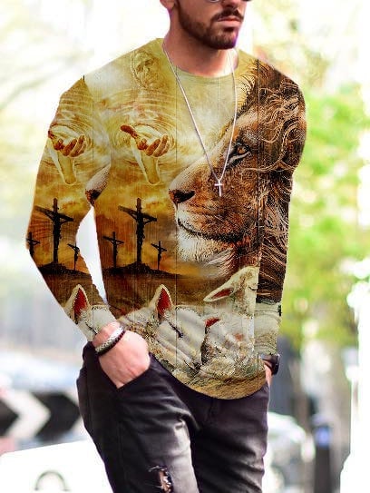 Mens Fashion Long Sleeve Trendy Christian Lion Cross Print T-shirt - 1