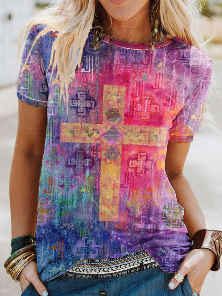 Womens Christian Tie Dye Cross Print Short Sleeve T-shirt - 1