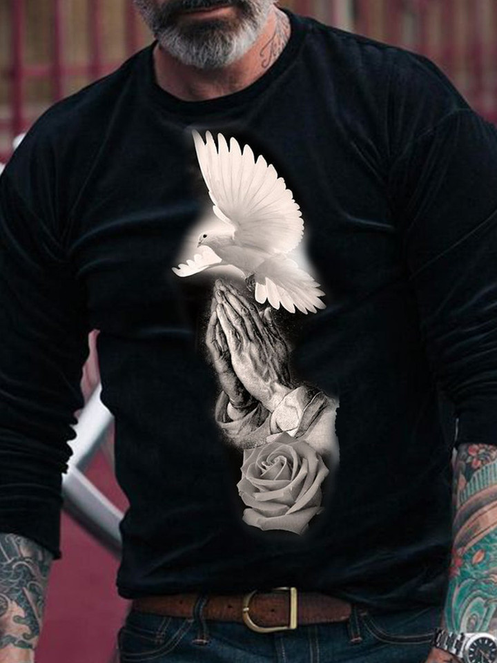 Mens Christian Pray Dove Rose Printed Long Sleeve T-shirt - 1