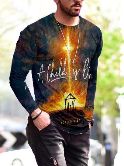 Mens Cool Trendy Long Sleeve Christ Cross God Print T-shirt - 1