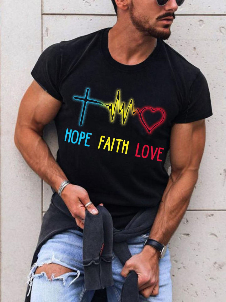 Mens Hope Faith Love Short Sleeve Christian Printed T-Shirt - 1