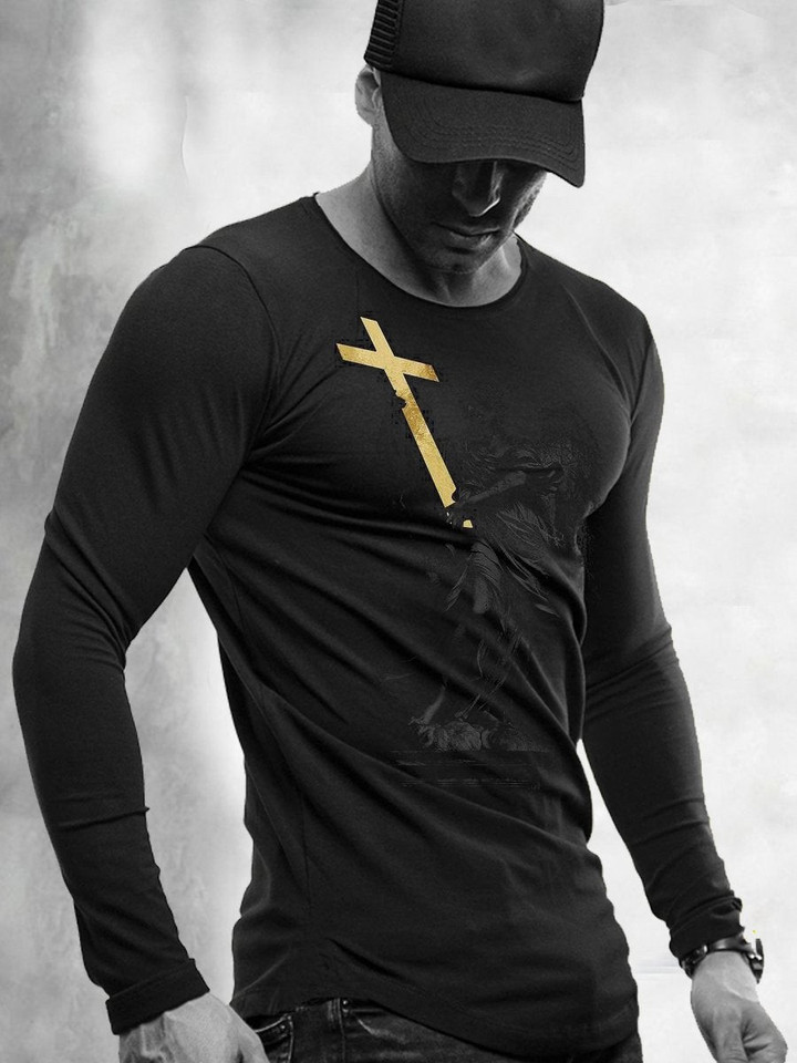 Mens Religious Print Long Sleeve Crew Neck T-Shirt - 1