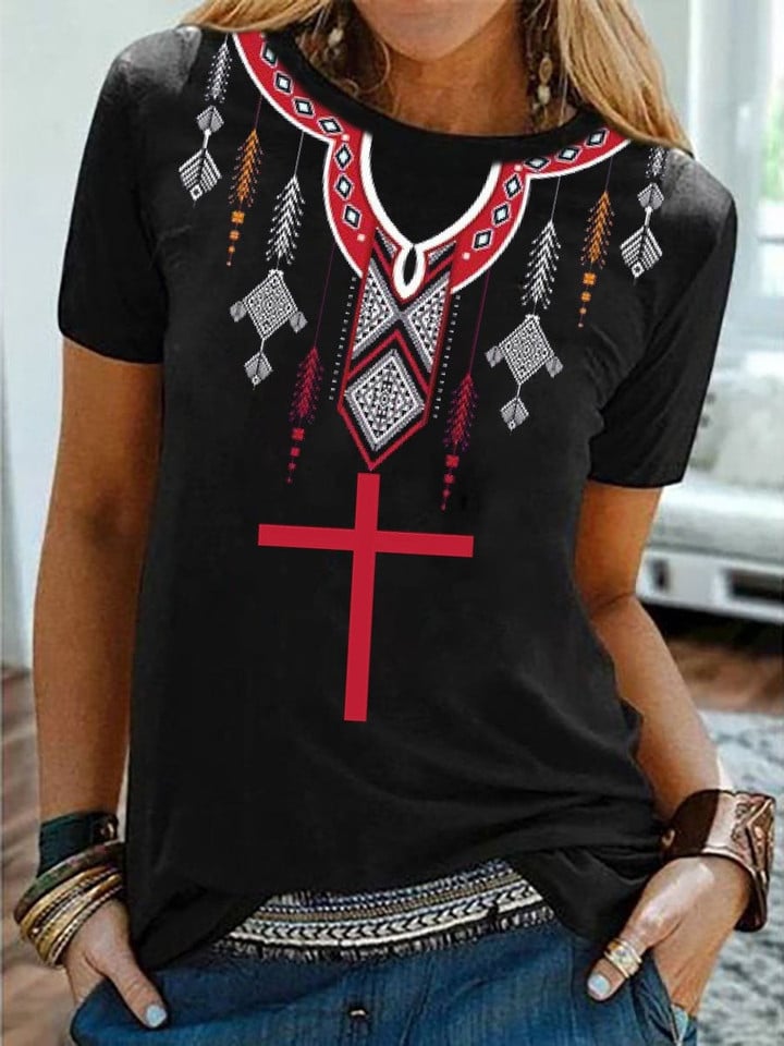 Womens Ethnic Style Pendant Cross Print Short-Sleeved T-shirt - 1