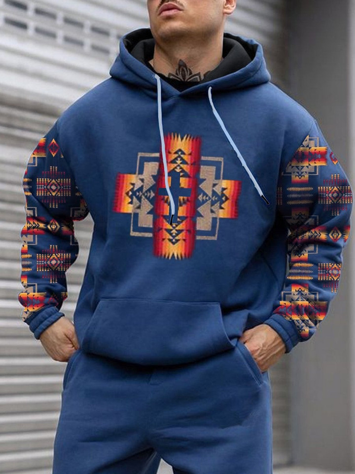 Mens dark ethnic print creative Christian cross hoodie - 1