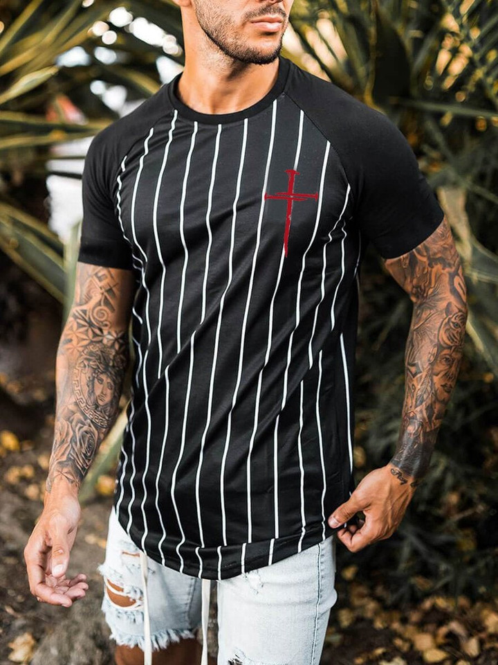 Mens striped raglan sleeve Christian printed T-shirt - 1