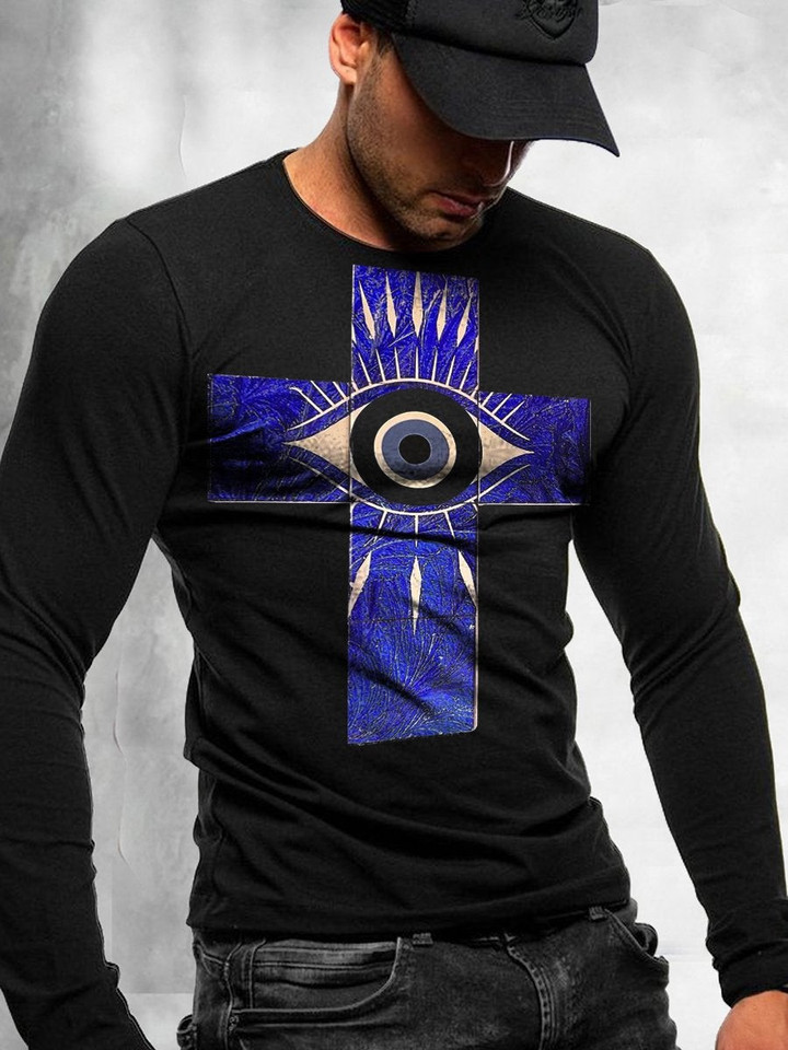 Mens Fashion Cross Eyes Print Long Sleeve T-Shirt - 1