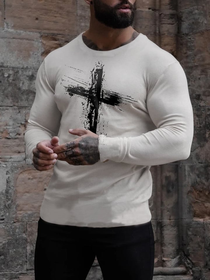 Mens Winter Fashion Religious Christian Cross Printed Long Sleeve T-shirt - 1