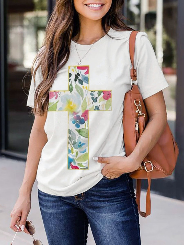 Womens Floral Cross Short Sleeve T-shirt - 1