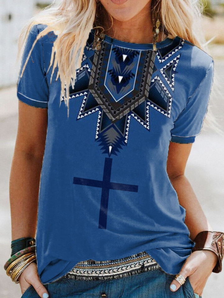 Womens Blue Ethnic Cross Print T-shirt - 1