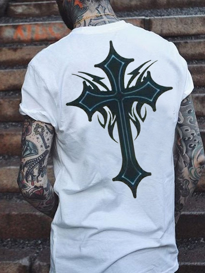 Mens Gothic Cross Print Short Sleeve T-Shirt - 1