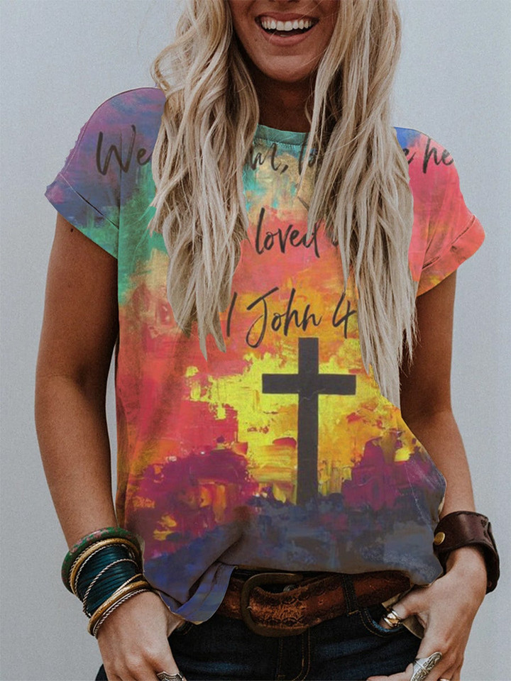 Womens Color Tie Dye Christian Cross Print Short Sleeve T-shirt - 1