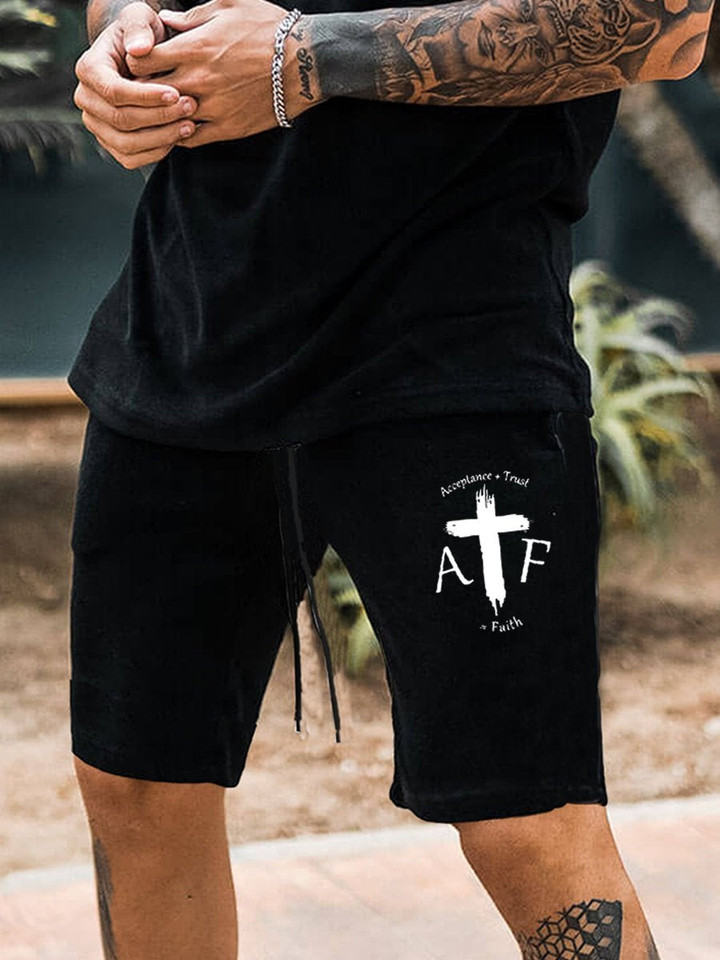 Mens Fashion Christ Cross Print Black Shorts - 1