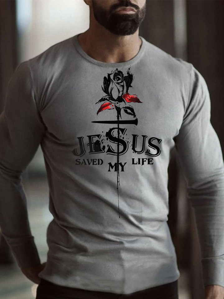 Mens Rose Christian Cross Long Sleeve Trendy T-shirt - 1