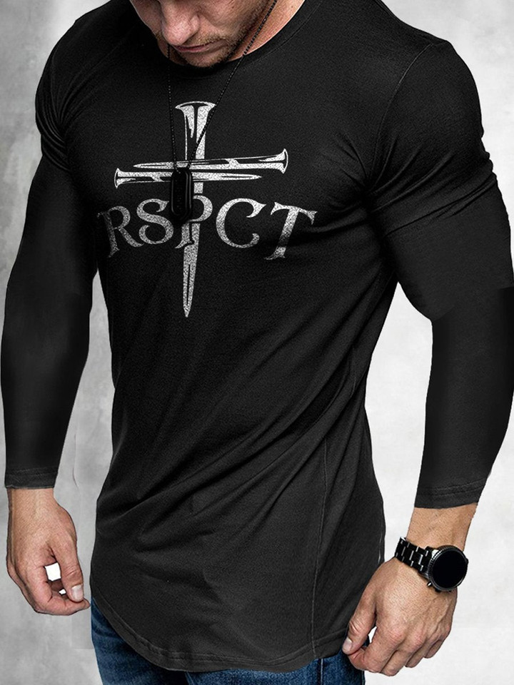 Mens casual Christian letters printed long-sleeved round neck T-shirt - 1