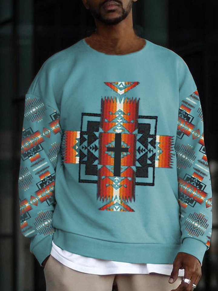 Mens ethnic print creative Christian cross sweatshirt - 1