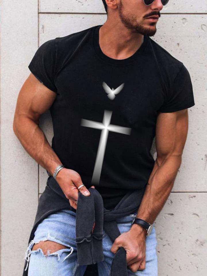 Mens Trendy Short Sleeve Cross Print T-shirt - 1