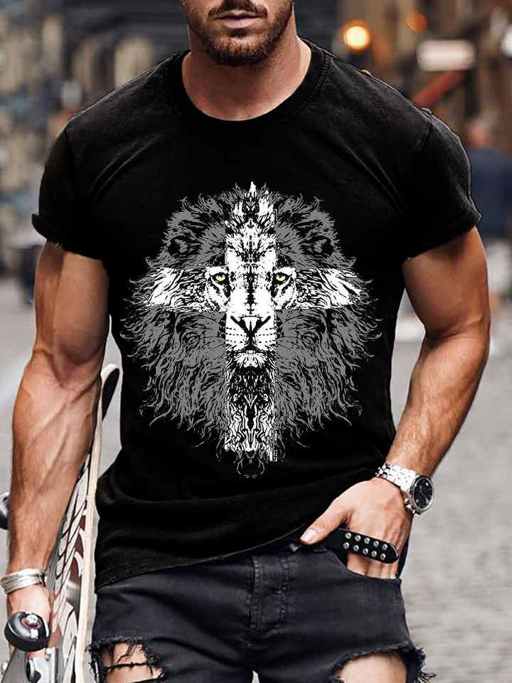 Mens Trendy Christian Cross Lion And God Short Sleeve T-shirt - 1