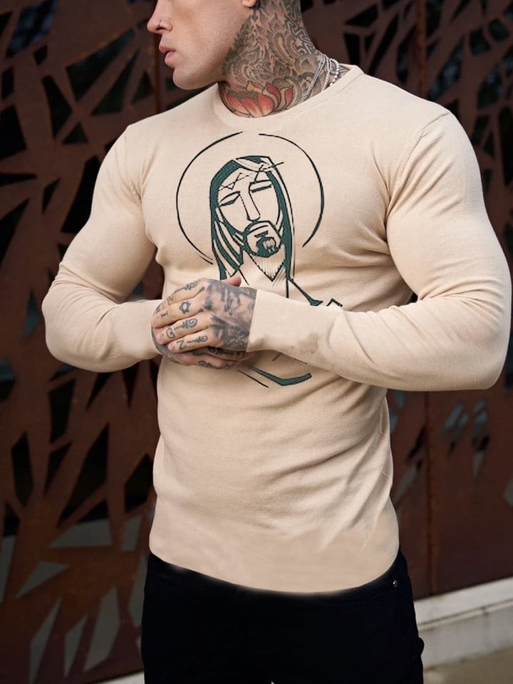 Mens Abstract Jesus Print Long Sleeve T-Shirt - 1