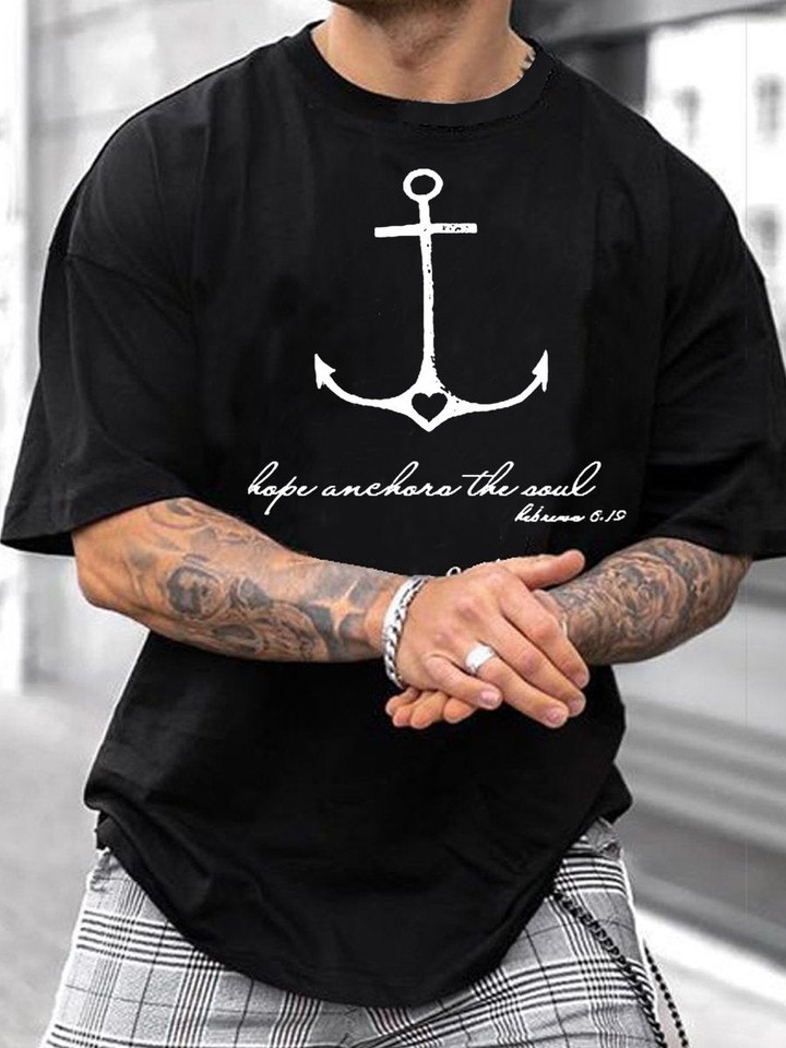 Mens Fashion Drop Shoulder Cross Anchor Print T-shirt - 1