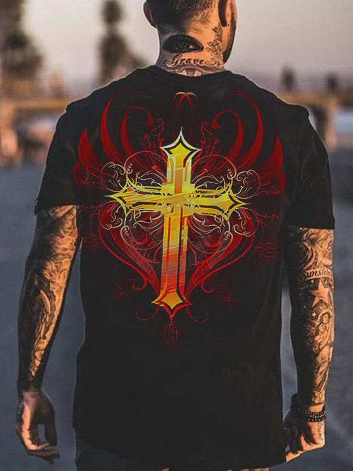 Mens Gothic Cross Wings Print T-shirt - 1