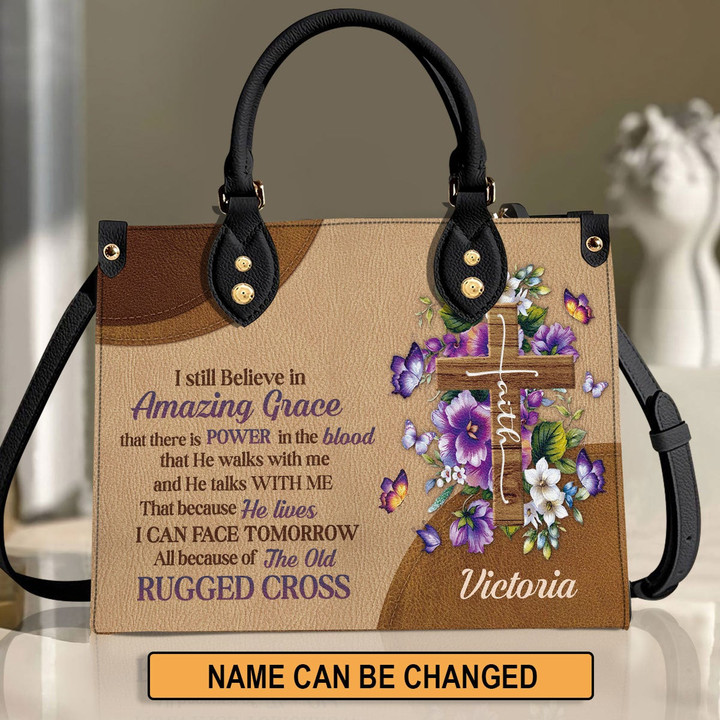 Stunning Personalized Floral Cross Leather Handbag - I Still Believe In Amazing Grace NUH269 - 1