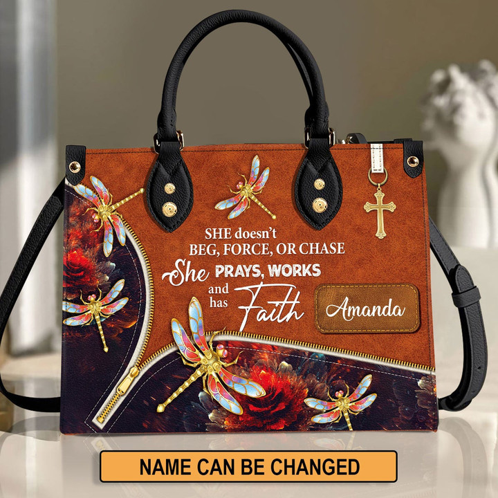 She Prays Works And Has Faith - Pretty Personalized Dragonfly Leather Handbag NUH274 - 1