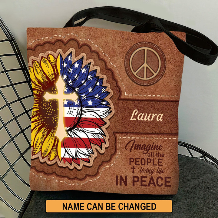 Lovely Personalized Sunflower Tote Bag - Imagine All The People Living Life In Peace NM147 - 1