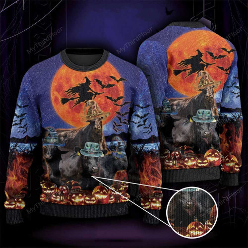Black Angus Cattle Lovers Halloween Moon All Over Print Sweater