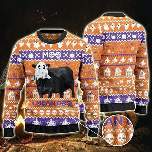 Black Angus Cattle Lovers Halloween Gift Moo I Mean Boo All Over Print Sweater