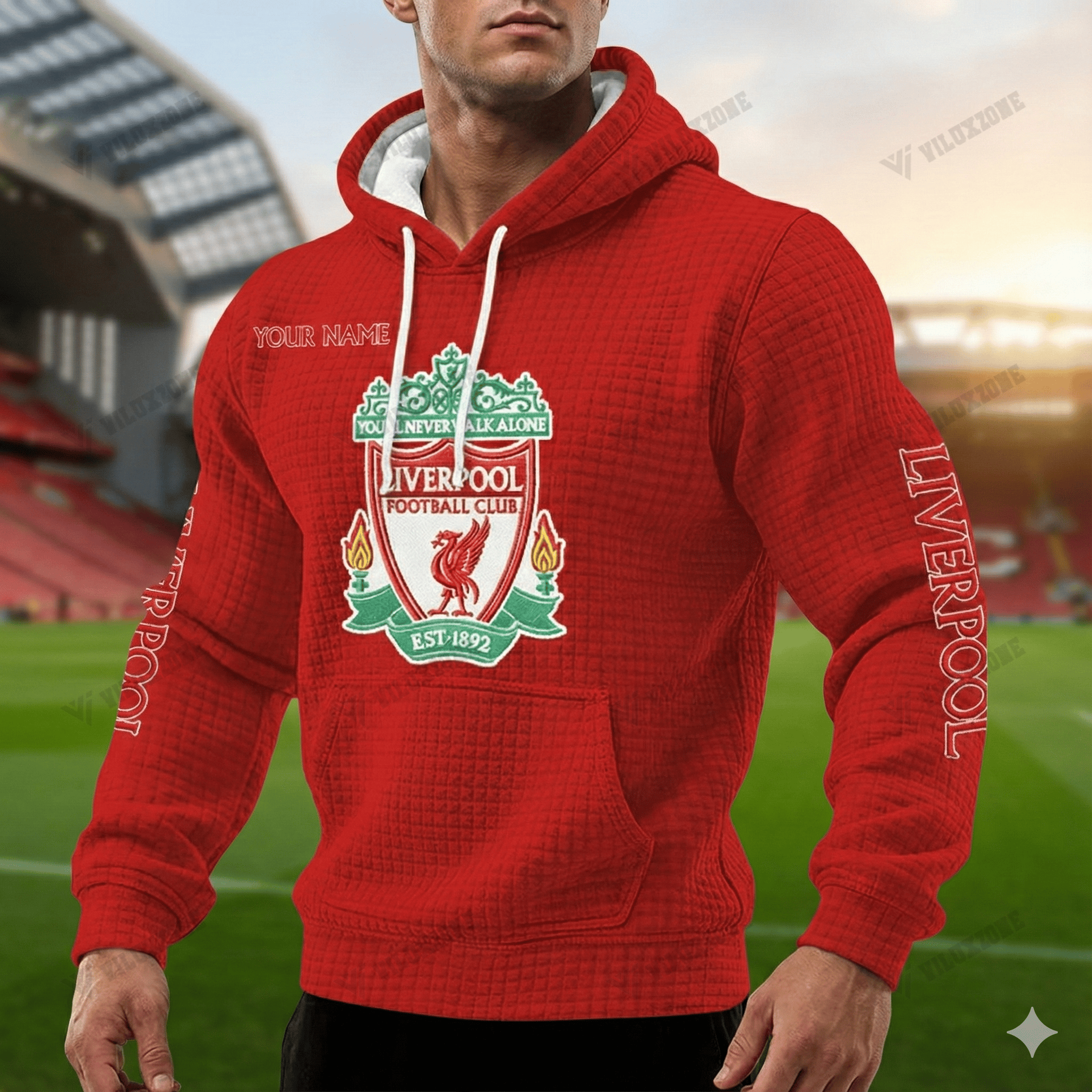 Textures Lfc LFC Custom Name Sublimated Hoodie - Red Quilted Texture Supporters Wea ...