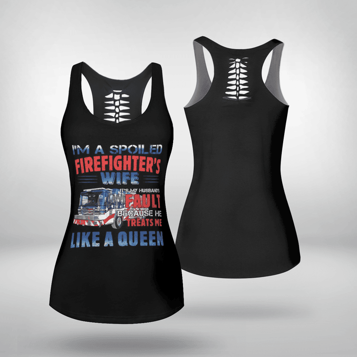 NLSI0703BG02 Central County Fire Rescue Blessed By God Spoiled By My Firefighter Hollow Out Tank Top & Leggings