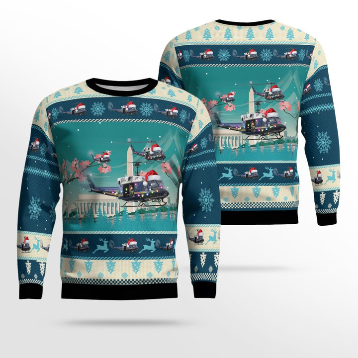 Bell UH-1N Twin Huey of the 1st Helicopter Squadron flying over Washington DC Christmas AOP Ugly Sweater NLSI1011BC03