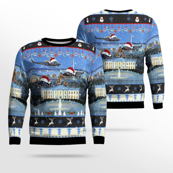 US Air Force Bell UH-1N Twin Huey of the 1st Helicopter Squadron flying over Washington DC Christmas AOP Ugly Sweater NLMP1810BC17