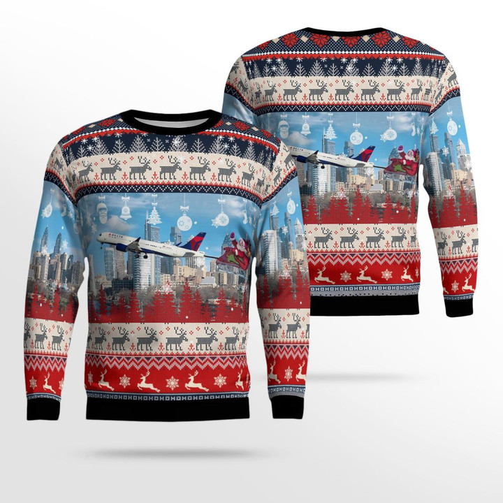 Delta Air Lines Airbus A220-300 With Santa over Philadelphia Christmas AOP Ugly Sweater NLSI0910BC09