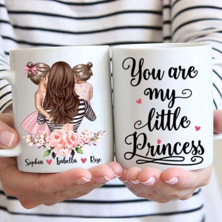 Personalized Mom & Daughters, Skin Color, Hairstyle, Quote 11oz White Mug