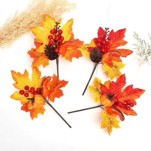Thanksgiving Christmas Fall Autumn Decoration Home Artificial Maple Leaves Faux Branches Berry Stem Fake Pumpkin
