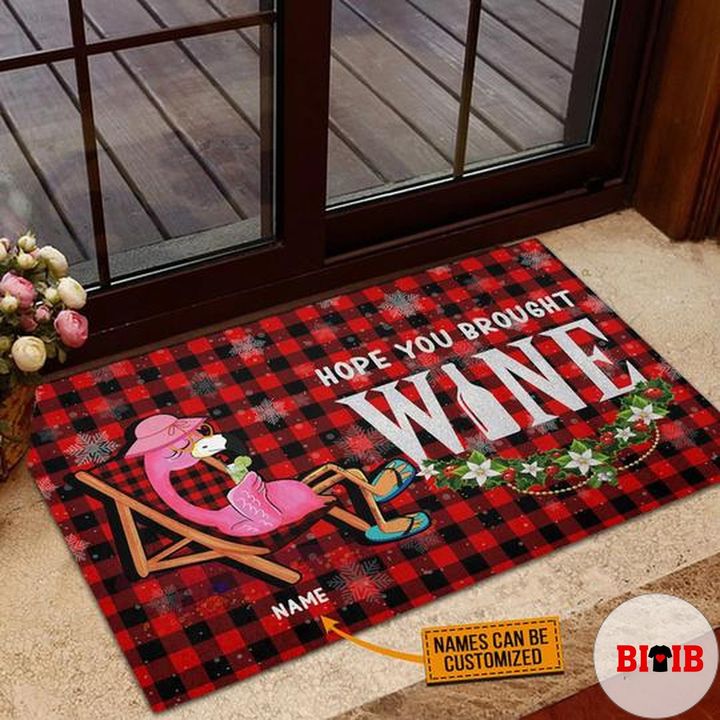 Flamingo Hope You Brought Wine Christmas Custom Name Doormat 036