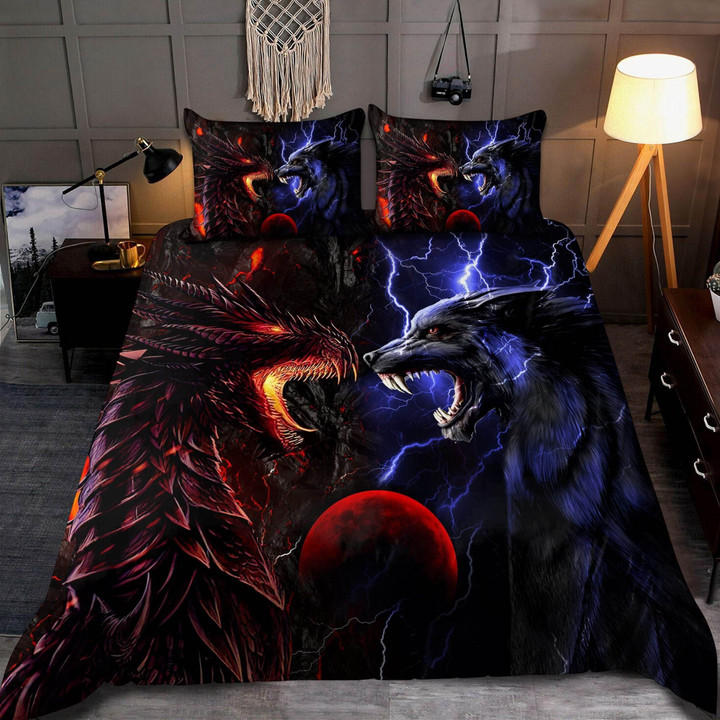 Red And Blue Dragon And Wolf Ver 2 Bedding Set Am092063
