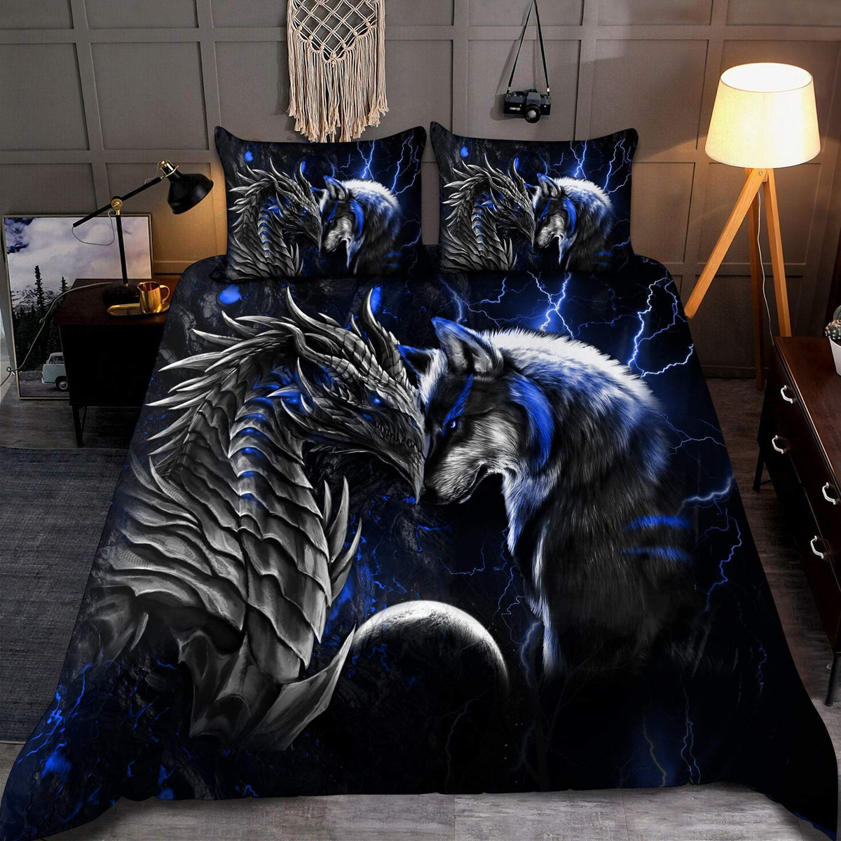 Blue Dragon And Wolf Bedding Set Am092051S1