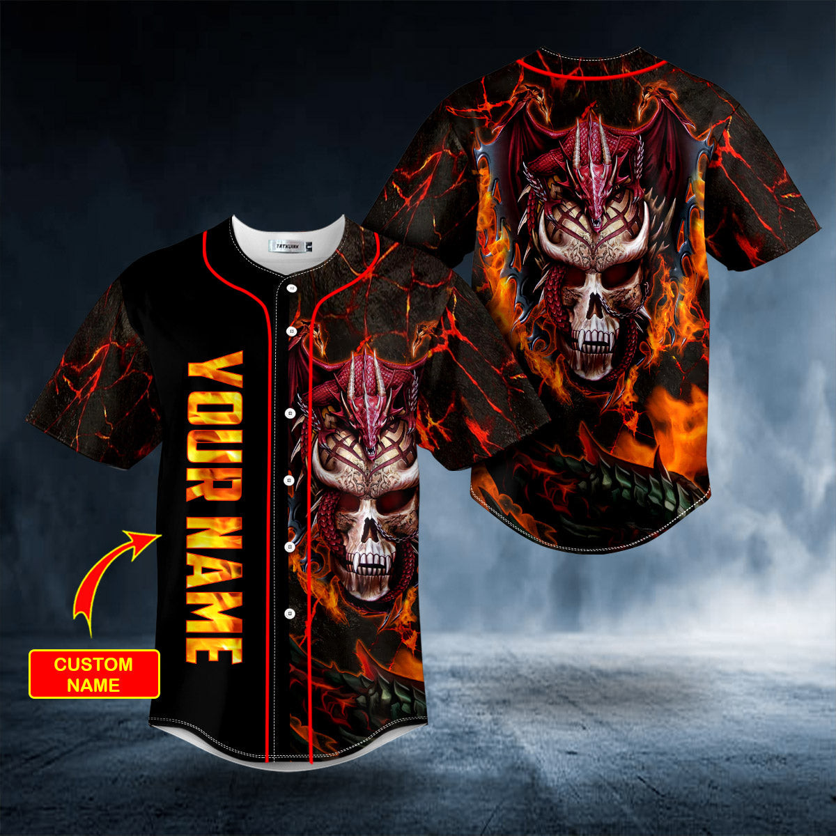 Fire Red Spiral Dragon Skull Custom Name Baseball Jersey