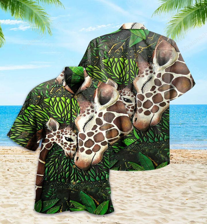 Giraffe Family Leaf Hawaiian Shirt
